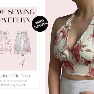 Women&#39;s Tie Halter Crop Top, Ladies Downloadable Printable PDF Sewing Pattern Size XS-5XL