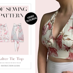 Women's Tie Halter Crop Top, Ladies Downloadable Printable PDF Sewing Pattern Size XS-5XL