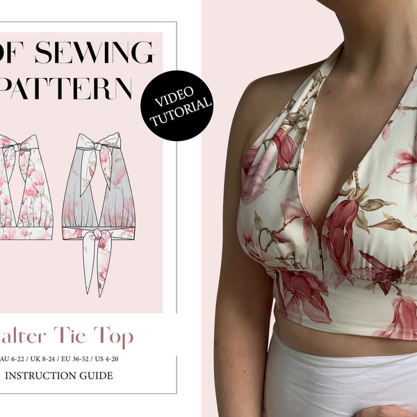Women's Tie Halter Crop Top, Ladies Downloadable Printable PDF Sewing Pattern Size XS-5XL