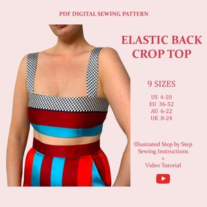 Elastic Back Crop Top, Ladies Downloadable Printable PDF Sewing Pattern Size XS-5XL