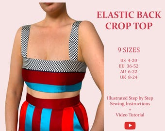 Elastic Back Crop Top, Ladies Downloadable Printable PDF Sewing Pattern Size XS-5XL