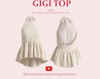 The Gigi Top, Halter Backless Women's Top, Ladies Downloadable Printable PDF Sewing Pattern Size XS-5XL