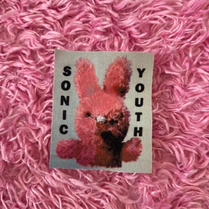 May include: A pink plush bunny with a black eye patch and the words "SONIC YOUTH" printed on a white background.