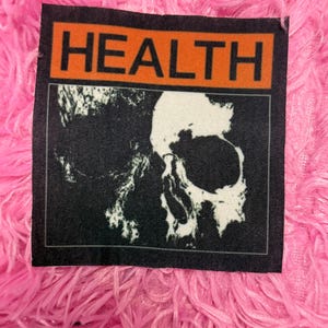 May include: A black patch with the word "HEALTH" in orange block letters above a white skull graphic on a black background. The patch is set against a vibrant pink, fluffy background.