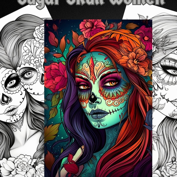 Sugar Skull Coloring Pages for Adults - Day of the Dead Mindful coloring - Dia de los Muertos, Mexican-inspired, Fantasy Adult 50 pages