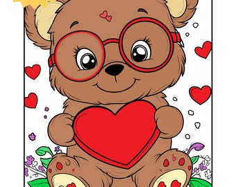 Cute Valentine’s Day Bears Coloring Pages | Printable Kids & Adults |  Pixar-Style Black and White Line Art | Instant Download