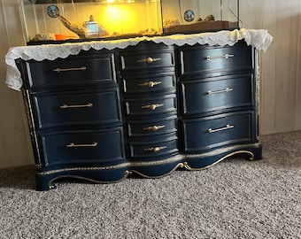 Antique refurbished royal blue dresser and desk set
