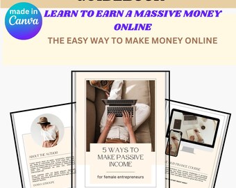 May include: A guidebook with the title "5 Ways to Make Passive Income for Female Entrepreneurs" and the text "Learn to Earn a Massive Money Online The Easy Way to Make Money Online" on the cover. The cover features a woman working on a laptop on a couch.