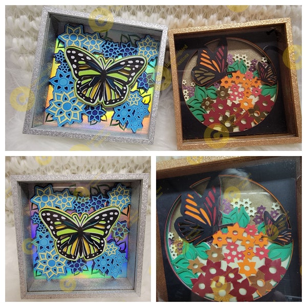 Lot de 2 shadowboxes de papillons scintillants pour papier cartonné 3D, multicolore, papier cartonné 3D, cadre scintillant, papillon, scintillant