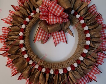 Farmhouse Burlap Wreath with Red and White Roses, Rope Wrapped Farmhouse Style, Cardstock Roses, Farmhouse Decor, Farmhouse Wreath