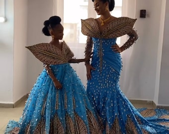 Mother and daughter outfit, African  engagement outfit,Ankara gown, Ankara clothes for wedding,  matching outfit mummy and me daughter