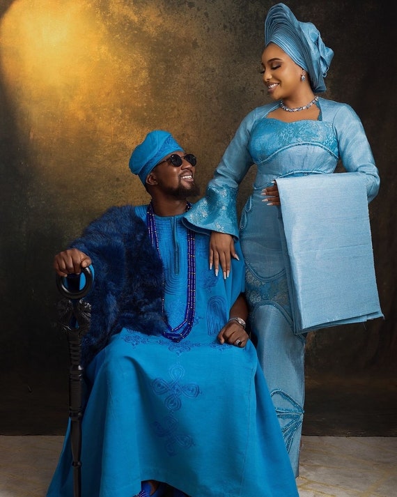 blue engagement dress for couple couple African outfit, African couple engagement outfit,Nigerian gown, asooke clothes for couples wedding, couple matching outfit, blue coup