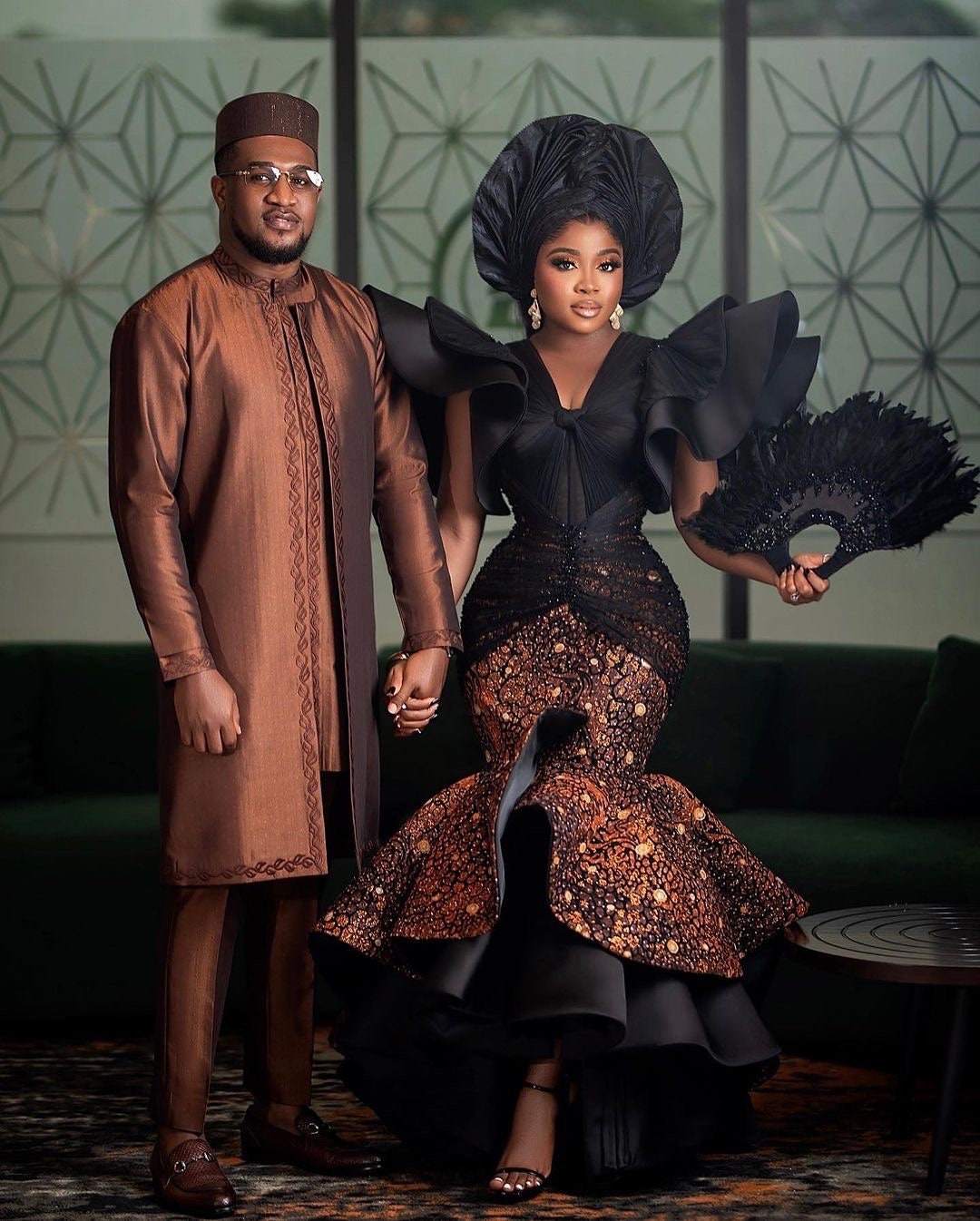 brown dress couple outfit Couple African outfit, Couple engagement,Nigerian wedding, george Igbo clothes for couples, couples matching outfit, brown and gold