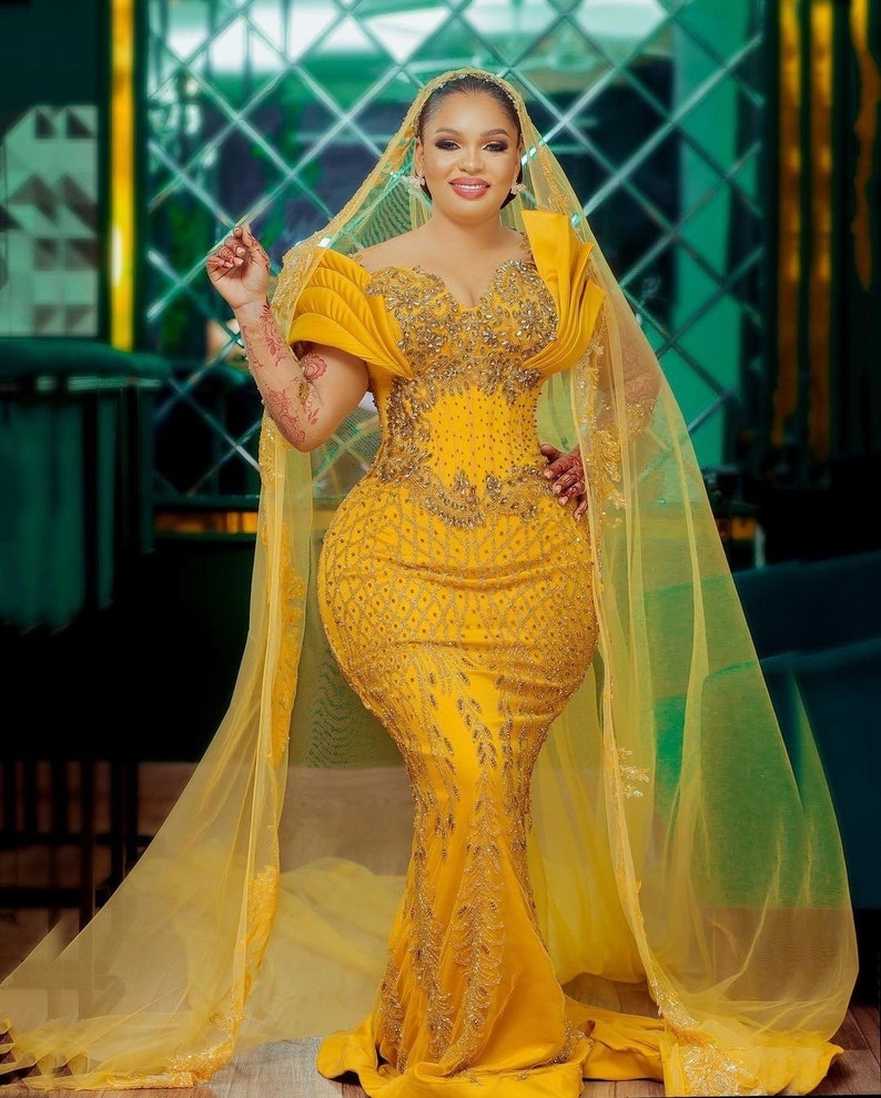 African Mermaid Dress, Yellow Wedding Dress, African Maxi Mermaid Gown ...