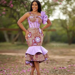 Afrikanisches Meerjungfrauenkleid, Ankara-Kleid, afrikanisches Kleid, afrikanisches Abschlussballkleid, afrikanisches Druckkleid, Ankara mit abnehmbaren Händen lila Kleid