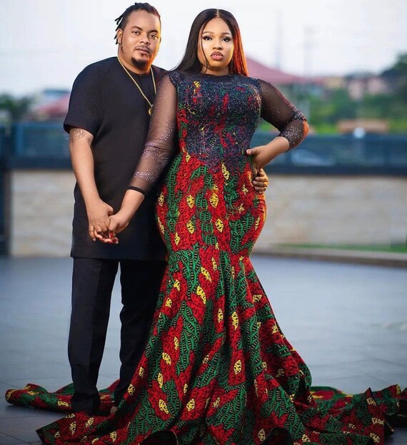 Couple African outfit, African couple engagement outfit,Ankara gown, Ankara  clothes for couples wedding, couple matching outfit - Main Image