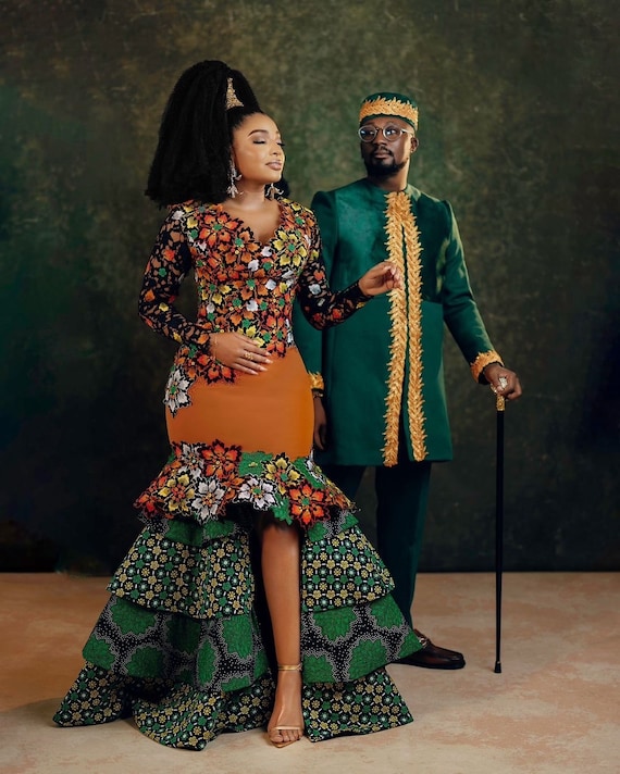 couple African outfit, African couple engagement outfit,Nigerian gown, asooke clothes for couples wedding, couple matching outfit, blue coup