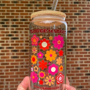 Radiate Positivity Glass Tumbler, Flower Tumbler with Bamboo Lid & Straw, Reusable Iced Coffee Cup, 16oz Cute Glass Tumblers, Flower Market