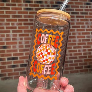 Cute Iced Coffee Cup, Aesthetic Glass Tumbler, 16oz Libbey Can, Iced Coffee Glass, Bamboo Lid and Straw, Retro Coffee Cup, Iced Coffee Cup