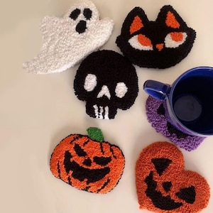 Halloween Punch Needle Coaster Kit: Starter DIY Punch needle Kit | Mug Rug Punch needle kit | Halloween Embroidery Craft Supplies