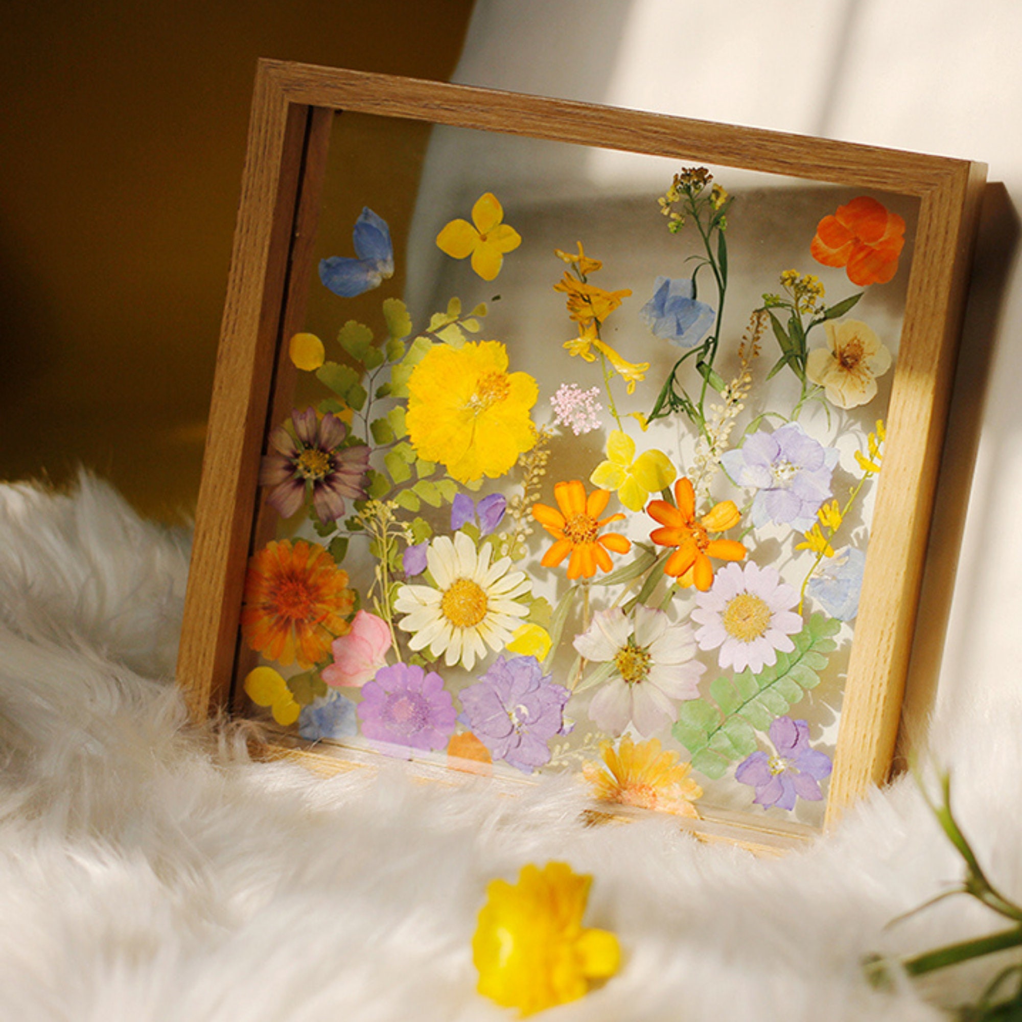 Dried flower art round frame with pressed flowers wall decor resin