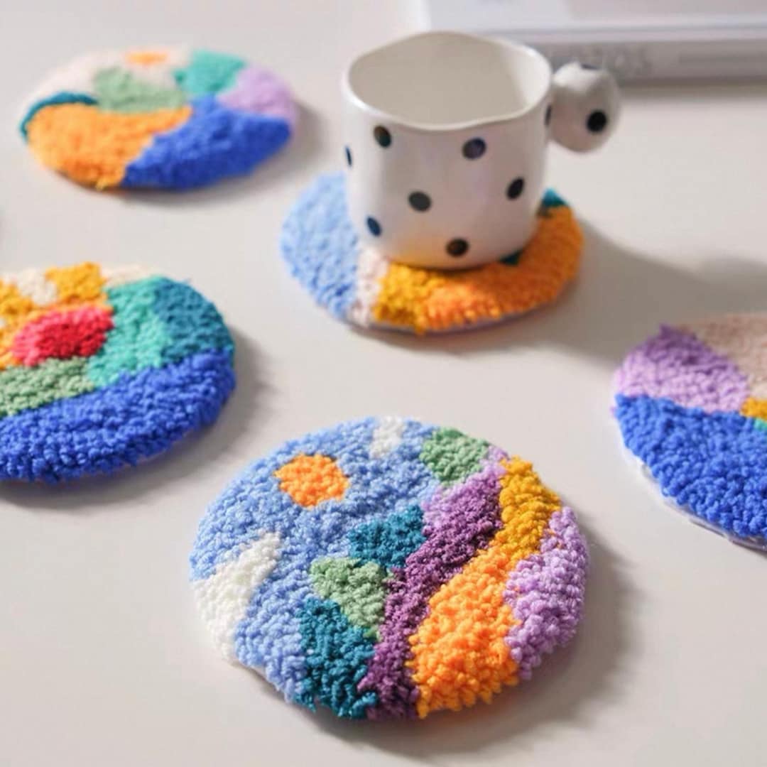 Set of 6 Patterns DIY Punch Needle Coaster Kit: Beginner Embroidery ...