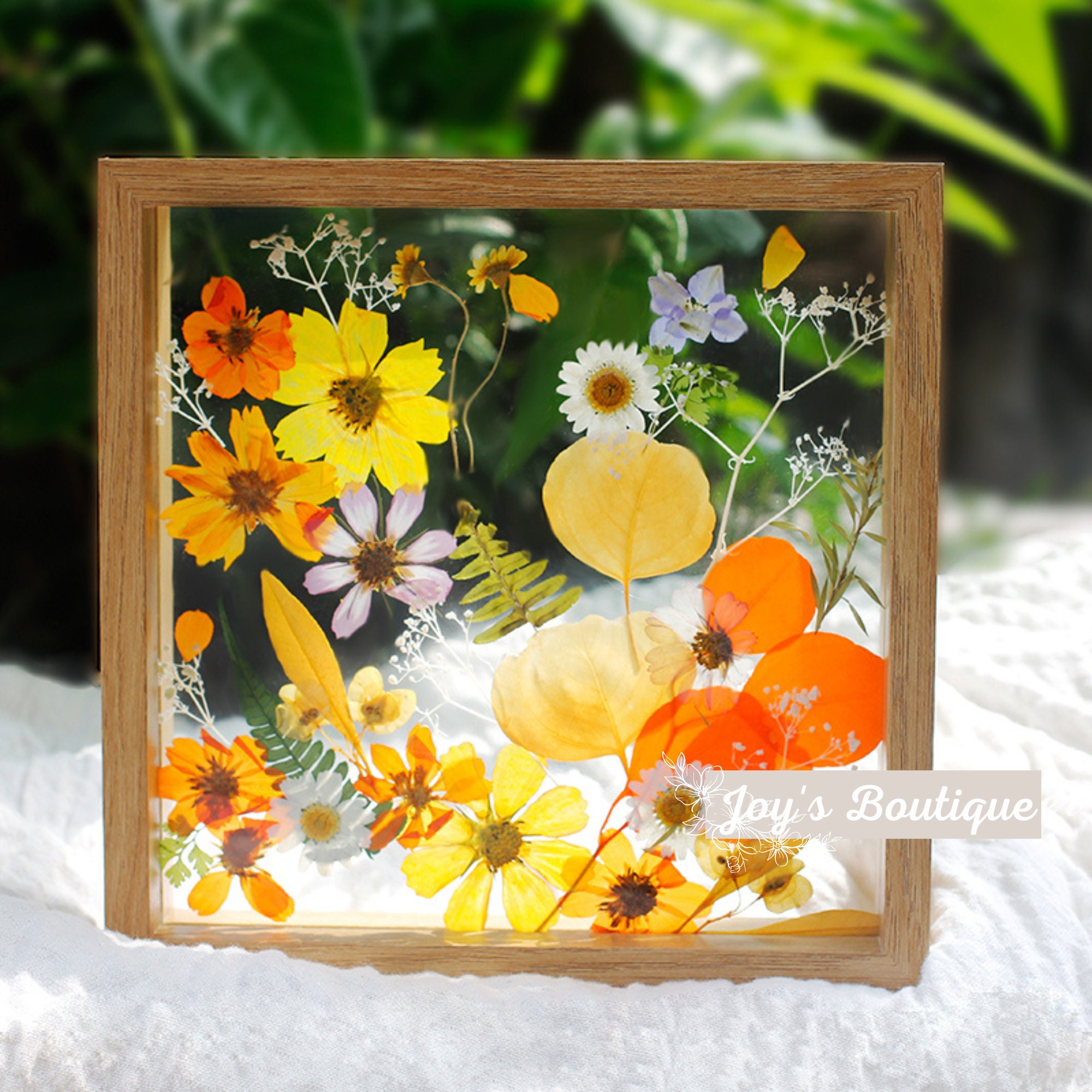 Real pressed flower art, cornflower posy bouquet, glass and copper frame  3x5 with redwood stand