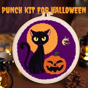 Halloween Punch Needle Coaster Kit: Starter DIY Punch needle Kit | Mug Rug Punch needle kit | Halloween Embroidery Craft Supplies