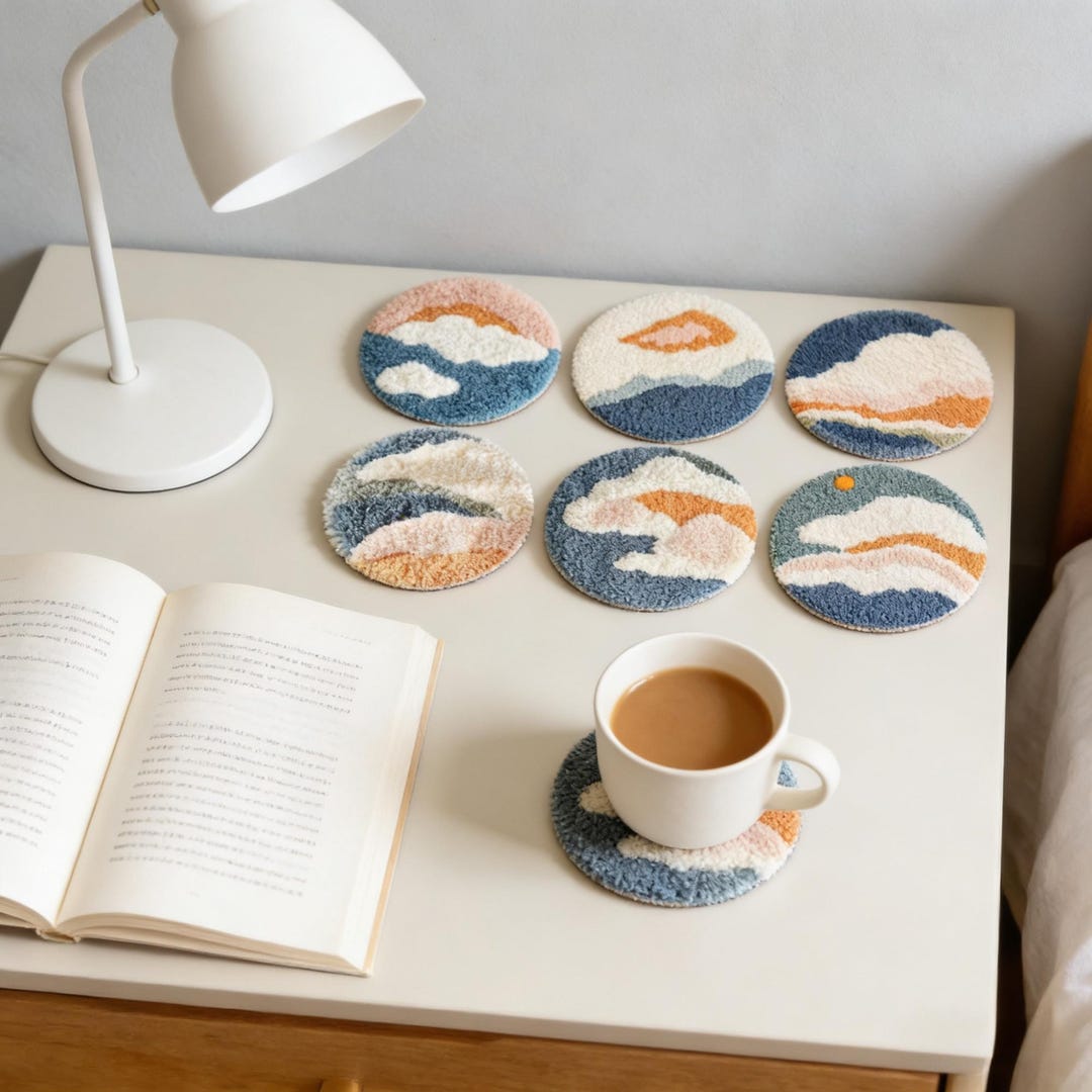 Set of 6 Patterns DIY Punch Needle Coaster Kit: Beginner Embroidery ...