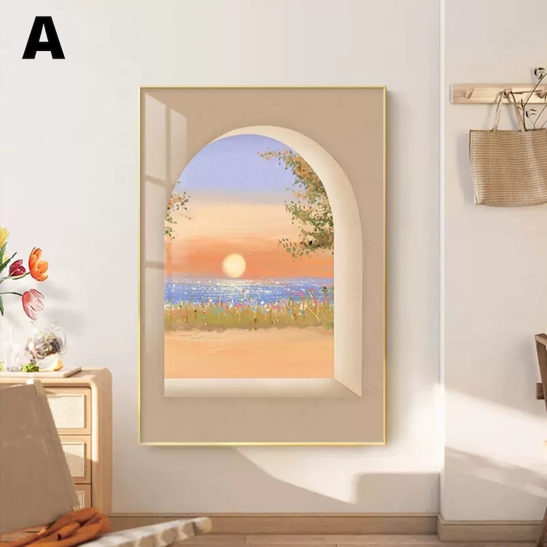 May include: A painting of a sunset over the ocean seen through an arched window. The sky is a gradient of blue, purple, and orange. The sun is a bright orange circle in the sky. The ocean is a deep blue with white waves. The beach is a light brown with green grass and flowers.