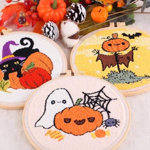 Halloween Punch Needle Coaster Kit: Starter DIY Punch needle Kit | Mug Rug Punch needle kit | Halloween Embroidery Craft Supplies