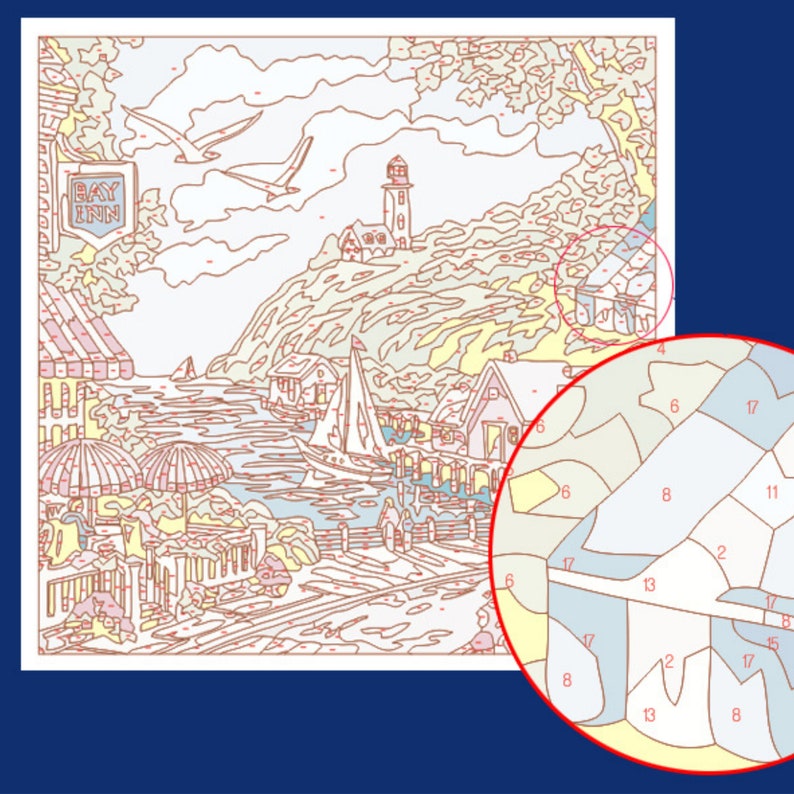 May include: A paint-by-numbers kit featuring a coastal scene with a lighthouse, sailboat, and buildings. The image includes the text "BAY INN" and a close-up of numbered sections for painting. The color palette is muted with shades of beige, blue, and red.