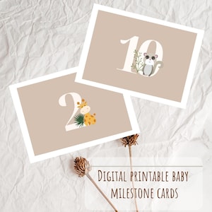 Cartes d'étape du mois de bébé. Genre neutre, design sur le thème des animaux, couleur pastel. Format numérique imprimable. Simple, esthétique.