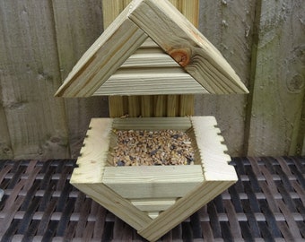 Handmade Wooden Bird Feeder Single with Roof Freestanding/Fence-Tree Mounting