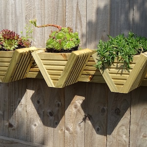 May include: A wooden wall-mounted planter with three V-shaped compartments, each filled with succulents. The planter is made of light-coloured wood and attached to a wooden fence. The succulents display green and red tones, providing a natural aesthetic.