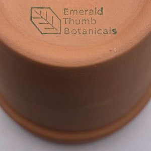 The bottom of each pot contains the shop logo and the shop name. The logo is a geometric leaf, a hexagon with the leaf veins.