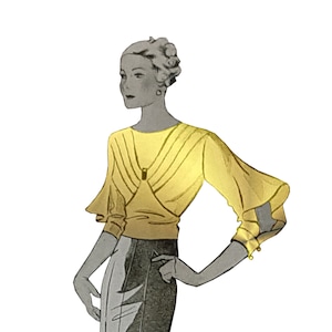Pode incluir: Ilustração de moda vintage de uma mulher com uma blusa amarela e uma saia preta e cinza. A blusa tem mangas esvoaçantes e decote em V. A saia é estilo lápis. A imagem é um design de moda clássico.