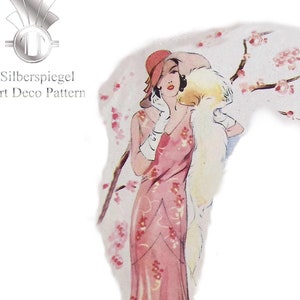 Könnte beinhalten: Eine Vintage-Illustration einer Frau in einem rosa Kleid mit Blumenmuster, die einen Hut und Handschuhe trägt und vor einem blühenden Baum steht.