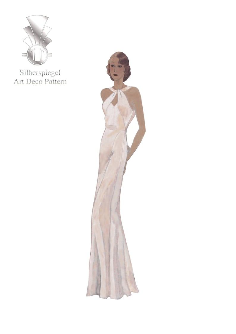 May include: A white halter-style dress with a low neckline and a fitted silhouette. The dress is made of a smooth, flowing fabric and has a simple, elegant design.