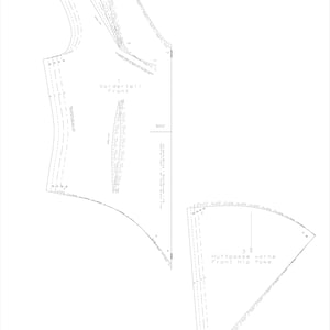 May include: A black and white sewing pattern for a garment with the text "Vorderteil Front" and "Huftausse vorne Front Hip Yoke".