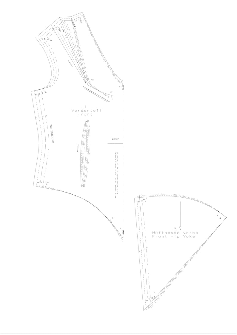 May include: A black and white sewing pattern for a garment with the text "Vorderteil Front" and "Huftausse vorne Front Hip Yoke".