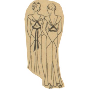 May include: Line drawing illustration of two women wearing long, flowing gowns with a V-neckline and a sash tied at the waist.