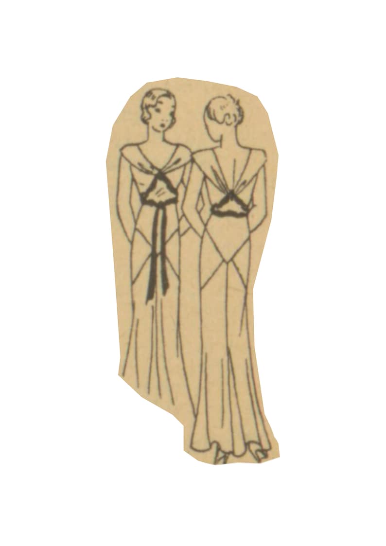May include: Line drawing illustration of two women wearing long, flowing gowns with a V-neckline and a sash tied at the waist.