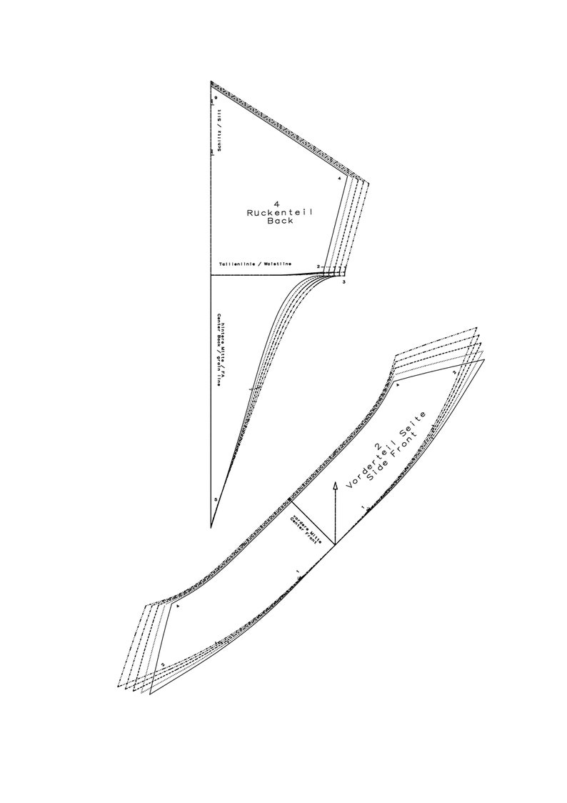 May include: A sewing pattern for a dress with two pieces: a back piece labeled "Ruckenteil Back" and a front piece labeled "Vorderteil Seite Front".