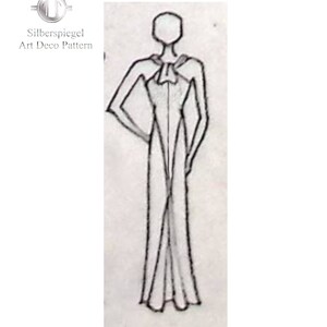 May include: A black and white line drawing of a woman wearing a long, flowing gown with a bow at the neckline.