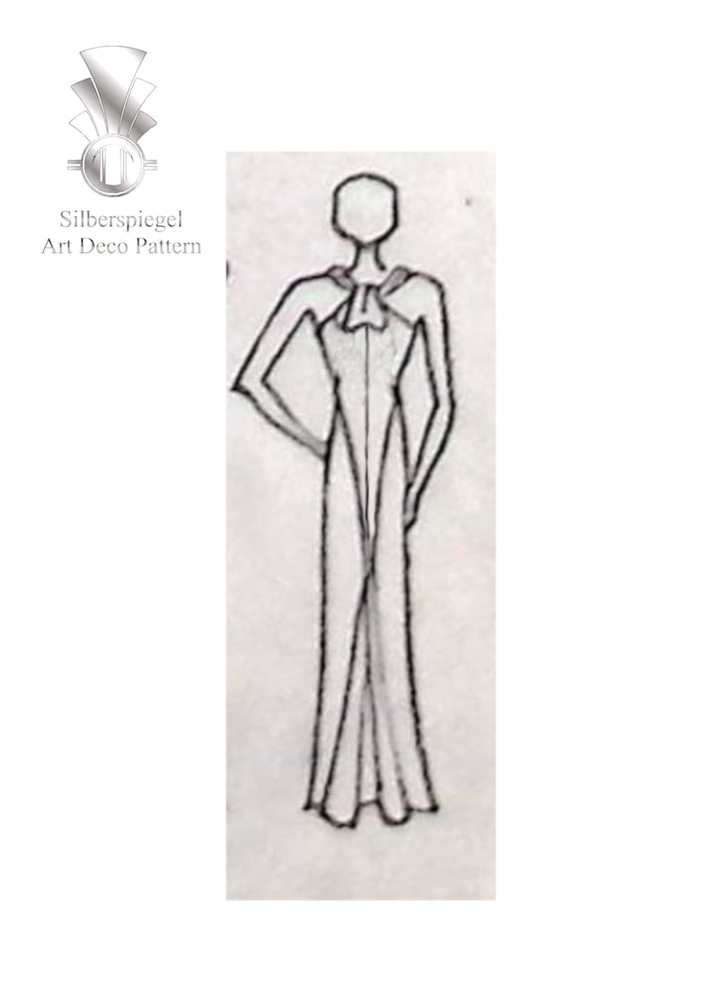May include: A black and white line drawing of a woman wearing a long, flowing gown with a bow at the neckline.