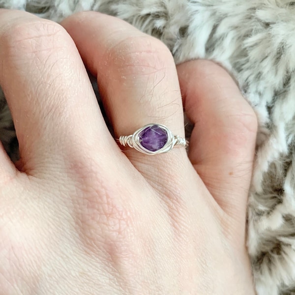 Raw Amethyst Ring Sterling Silver, February birthstone Amethyst jewelry, Aquarius Zodiac Ring, Handmade Wire Wrapped Crystal Ring