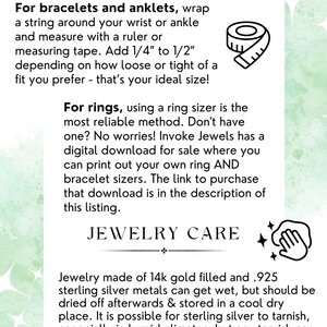 May include: A guide to sizing and measuring jewellery, including bracelets, anklets, and rings. It also includes information about jewellery care, including how to clean and store gold-filled and sterling silver jewellery.
