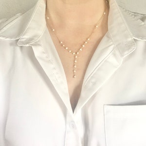 Freshwater Pearl Lariat Necklace, Dainty Pearl Choker Y Necklace, Handmade Pearl 14k Gold Filled Layer Necklace, Bride Wedding Necklace