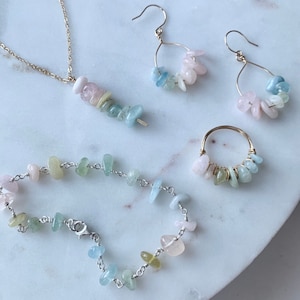 Set of Raw Morganite Pendant Necklace, Bracelet, Drop Earrings and Wire Wrapped Ring in 14k Gold Filled or Sterling Silver, Pastel Goth